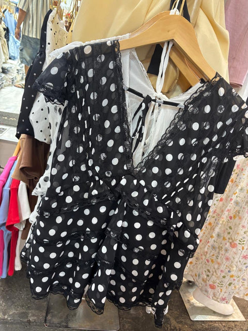 Polka Dot Ruffle V-Neck Tops